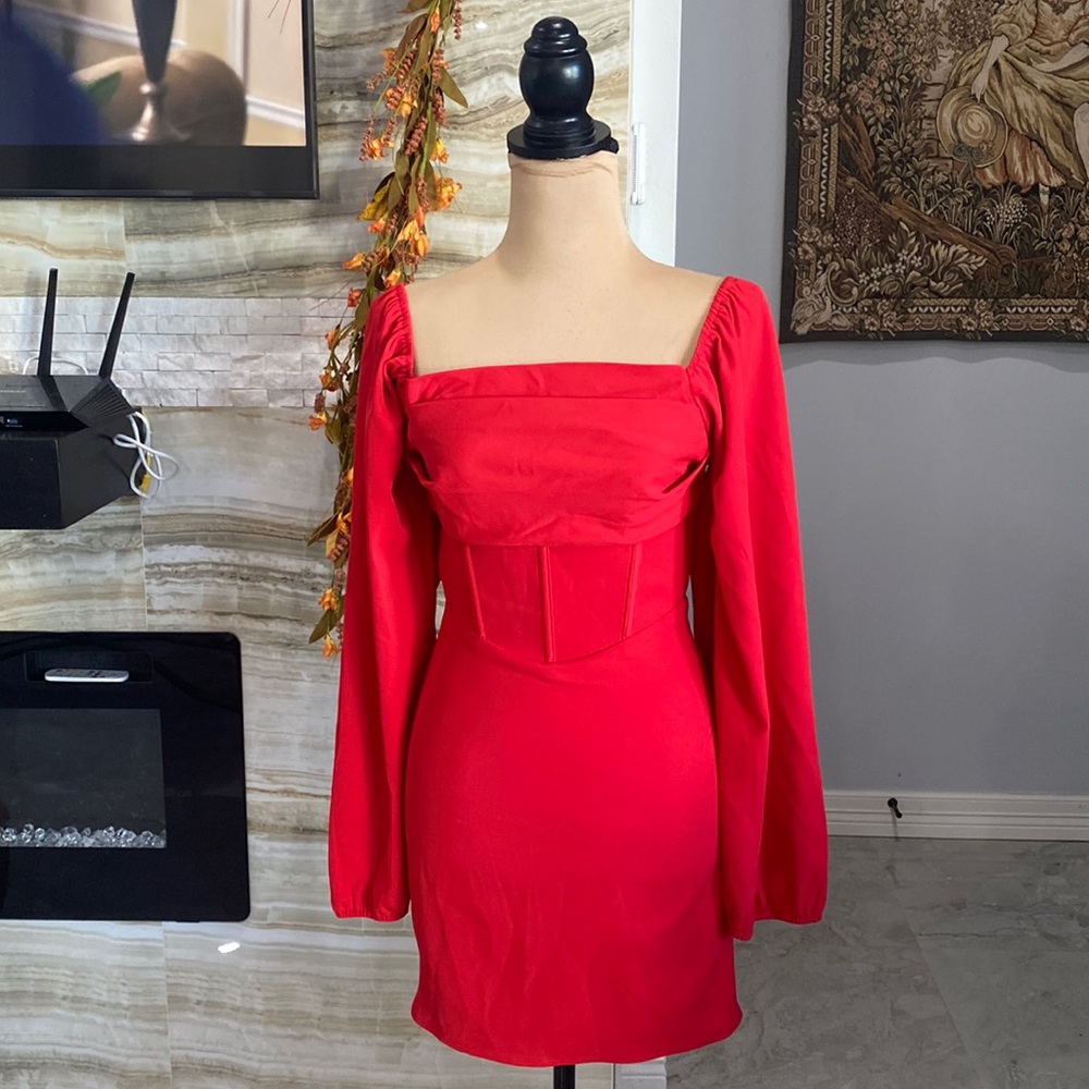 Princess Polly red cowl neck long sleeve dress.
